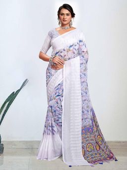Akhilam - Women's Georgette White Digital Print Designer Saree with Unstitched Blouse