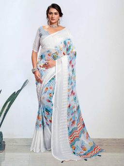 Akhilam - Women's Georgette White Digital Print Designer Saree with Unstitched Blouse