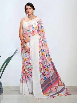 Akhilam - Women's Georgette White Digital Floral Print Designer Saree with Unstitched Blouse