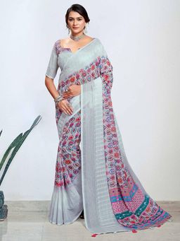 Akhilam - Women's Georgette Grey Digital Print Designer Saree with Unstitched Blouse