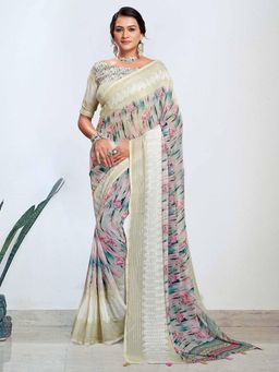 Akhilam - Women's Georgette Light Green Digital Print Designer Saree with Unstitched Blouse