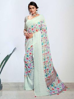 Akhilam - Women's Georgette Sea Green Digital Floral Print Designer Saree with Unstitched Blouse