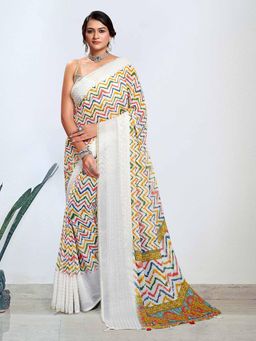 Akhilam - Women's Georgette White Digital Print Designer Saree with Unstitched Blouse