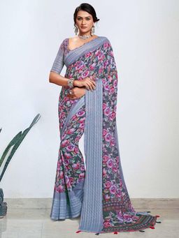 Akhilam - Women's Georgette Grey Digital Floral Print Designer Saree with Unstitched Blouse
