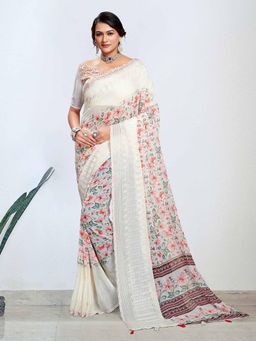 Akhilam - Women's Georgette Off White Digital Floral Print Designer Saree with Unstitched Blouse