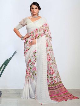 Akhilam - Women's Georgette White Digital Floral Print Designer Saree with Unstitched Blouse