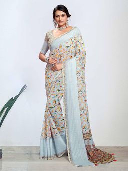 Akhilam - Women's Georgette Teal Digital Floral Print Designer Saree with Unstitched Blouse