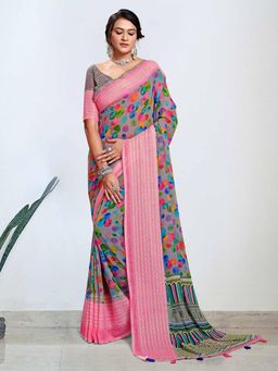 Akhilam - Women's Georgette Grey Digital Print Designer Saree with Unstitched Blouse