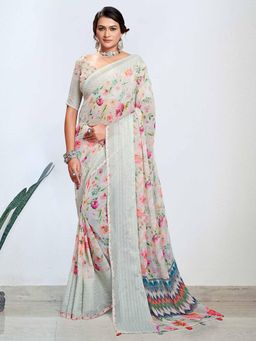 Akhilam - Women's Georgette Light Green Digital Floral Print Designer Saree with Unstitched Blouse