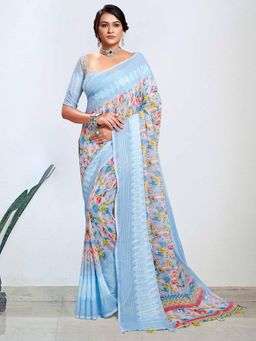 Akhilam - Women's Georgette Blue Digital Floral Print Designer Saree with Unstitched Blouse