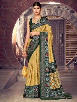 Akhilam - Women's Dola Silk Yellow Printed Designer Saree with Unstitched Blouse
