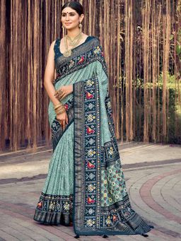 Akhilam - Women's Dola Silk Sea Green Printed Designer Saree with Unstitched Blouse