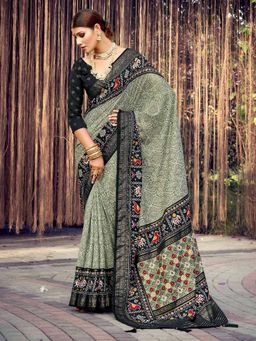 Akhilam - Women's Dola Silk Olive Printed Designer Saree with Unstitched Blouse