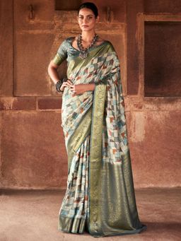 Akhilam - Women's Silk Blend Grey Woven Designer Saree with Unstitched Blouse