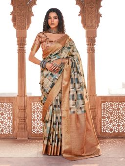 Akhilam - Women's Silk Blend Brown Woven Designer Saree with Unstitched Blouse