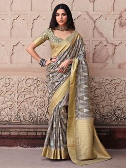 Akhilam - Women's Silk Blend Sea Grey Woven Designer Saree with Unstitched Blouse