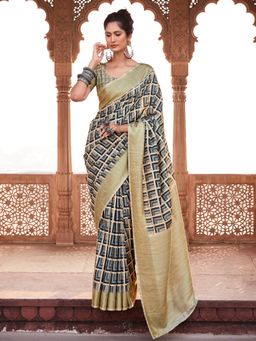 Akhilam - Women's Silk Blend Beige Woven Designer Saree with Unstitched Blouse