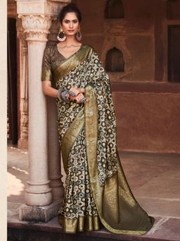 Akhilam - Women's Silk Blend Olive Woven Designer Saree with Unstitched Blouse