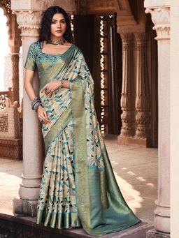 Akhilam - Women's Silk Blend Beige Woven Designer Saree with Unstitched Blouse