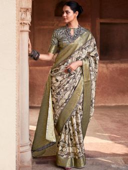 Akhilam - Women's Silk Blend Beige Woven Designer Saree with Unstitched Blouse