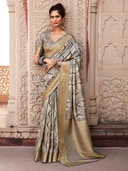 Akhilam - Women's Silk Blend Beige Woven Designer Saree with Unstitched Blouse