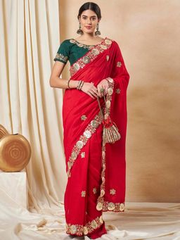 Sareemall - Women's Vichitra Silk Red Embellished Designer Saree with Unstitched Blouse