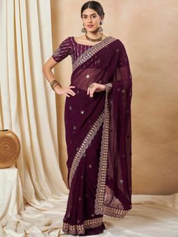 Sareemall - Women's Georgette Purple Embellished Designer Saree with Unstitched Blouse