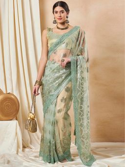 Sareemall - Women's Net Light Green Embellished Designer Saree with Unstitched Blouse