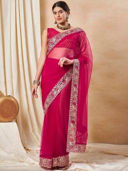 Sareemall - Women's Net Pink Embellished Designer Saree with Unstitched Blouse