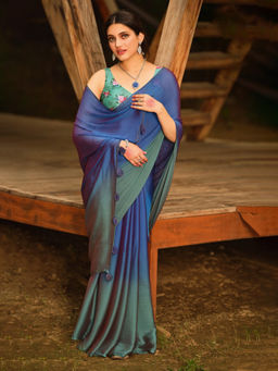 Sareemall - Women's Chiffon Blue Embellished Celebrity Saree with Unstitched Blouse