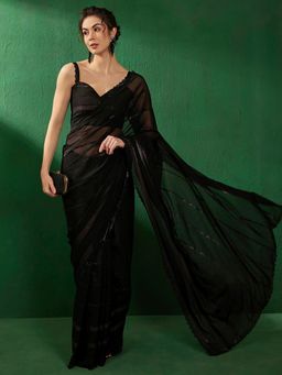 Akhilam - Women's Georgette Black Embellished Designer Saree with Unstitched Blouse