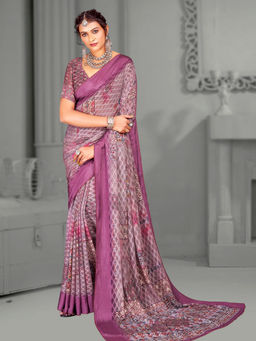 Akhilam - Women's Brasso Mauve Digital Floral Print Designer Saree with Unstitched Blouse