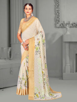 Akhilam - Women's Brasso Cream Digital Floral Print Designer Saree with Unstitched Blouse