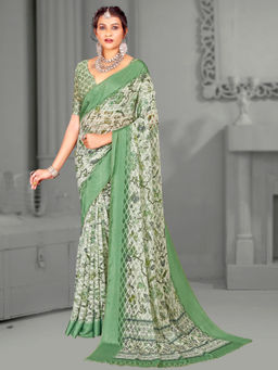 Akhilam - Women's Brasso Off White Digital Floral Print Designer Saree with Unstitched Blouse