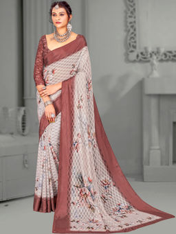Akhilam - Women's Brasso Off White Digital Floral Print Designer Saree with Unstitched Blouse