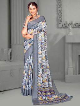 Akhilam - Women's Brasso Grey Digital Floral Print Designer Saree with Unstitched Blouse