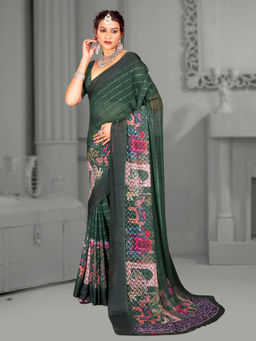 Akhilam - Women's Brasso Dark Green Digital Print Designer Saree with Unstitched Blouse