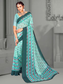 Akhilam - Women's Brasso Teal Blue Digital Floral Print Designer Saree with Unstitched Blouse