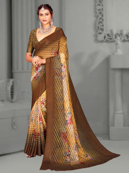 Akhilam - Women's Brasso Brown Digital Floral Print Designer Saree with Unstitched Blouse