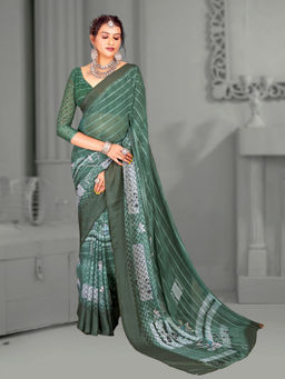 Akhilam - Women's Brasso Green Digital Floral Print Designer Saree with Unstitched Blouse