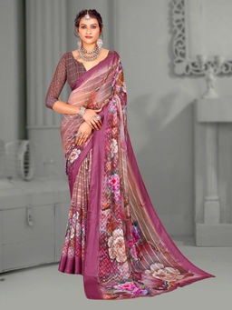Akhilam - Women's Brasso Mauve Digital Floral Print Designer Saree with Unstitched Blouse