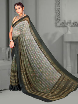Akhilam - Women's Brasso Dark Green Digital Floral Print Designer Saree with Unstitched Blouse