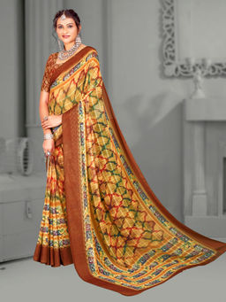 Akhilam - Women's Brasso Beige Digital Floral Print Designer Saree with Unstitched Blouse