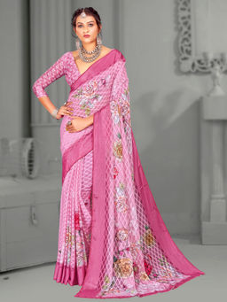 Akhilam - Women's Brasso Pink Digital Floral Print Designer Saree with Unstitched Blouse