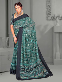 Akhilam - Women's Brasso Teal Green Digital Floral Print Designer Saree with Unstitched Blouse