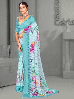Akhilam - Women's Brasso Turquoise Digital Floral Print Designer Saree with Unstitched Blouse