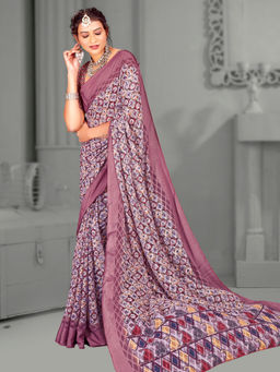 Akhilam - Women's Brasso Mauve Digital Floral Print Designer Saree with Unstitched Blouse