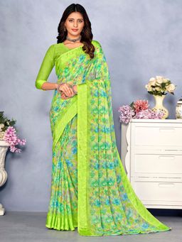 Akhilam - Women's Chiffon Green Floral Designer Saree with Unstitched Blouse