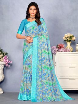 Akhilam - Women's Chiffon Blue Floral Designer Saree with Unstitched Blouse