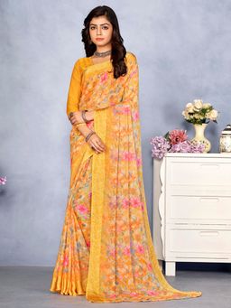 Akhilam - Women's Chiffon Orange Floral Designer Saree with Unstitched Blouse